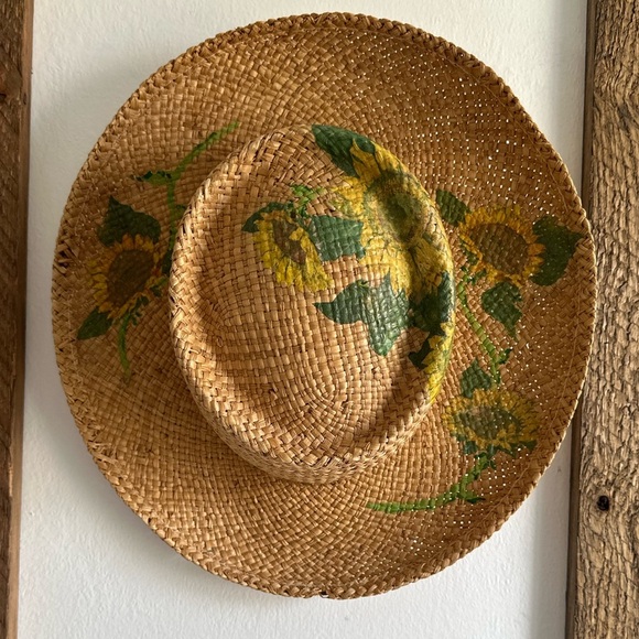 VINTAGE GORGEOUS Hand Painted Sunflower Straw Summer Hat - Picture 4 of 16